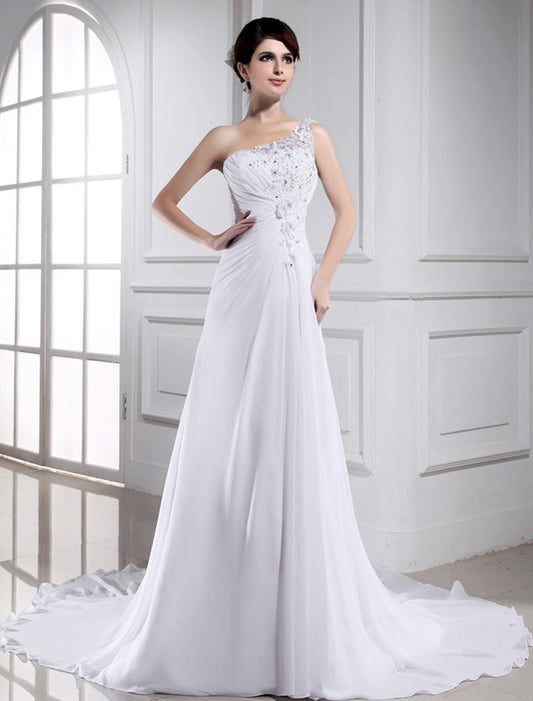 A-Line/Princess Beading One-shoulder Sleeveless Long Chiffon Wedding Dresses DFP0006799