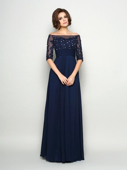 A-Line/Princess Off-the-Shoulder Beading 1/2 Sleeves Long Chiffon Mother of the Bride Dresses DFP0007036