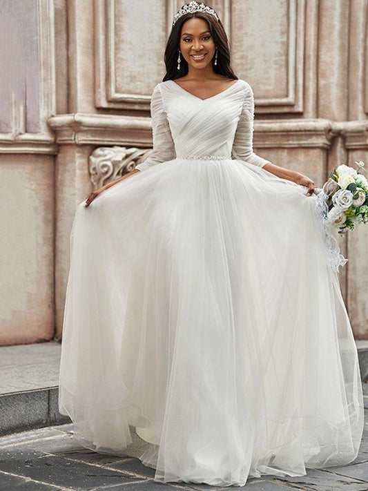 A-Line/Princess Ruched Sweetheart Tulle 3/4 Sleeves Sweep/Brush Train Wedding Dresses DFP0005935