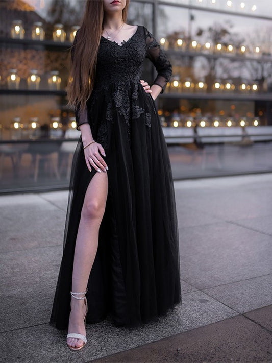Ball Gown Tulle Long Sleeves Applique Off-the-Shoulder Floor-Length Dresses DFP0001473