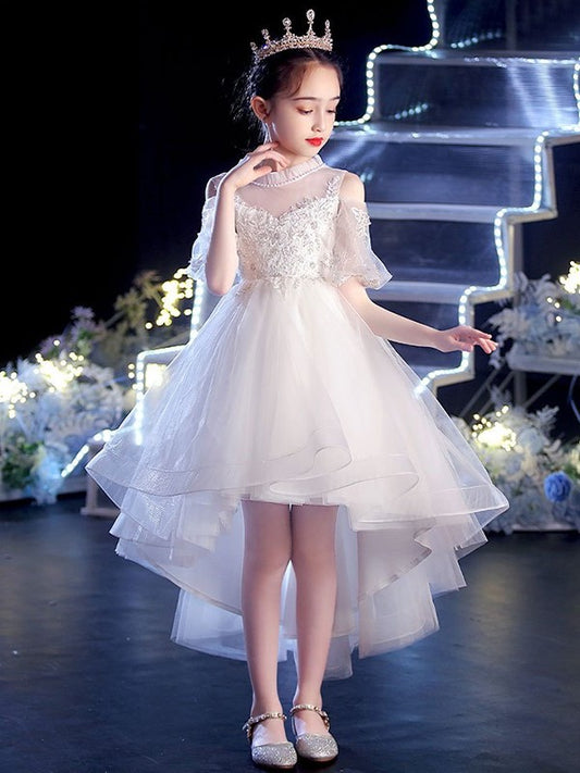 A-Line/Princess Tulle Applique Scoop Short Sleeves Asymmetrical Flower Girl Dresses DFP0007509