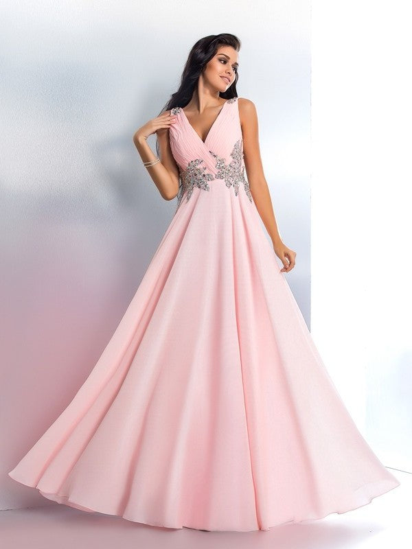 A-Line/Princess V-neck Beading Sleeveless Long Chiffon Dresses DFP0002794