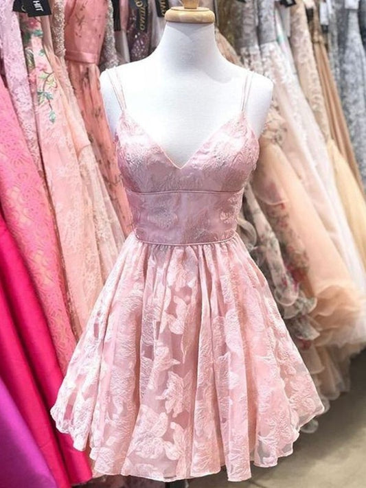 A-Line/Princess Spaghetti Straps Sleeveless Lace Ruffles Short/Mini Homecoming Dresses DFP0008856