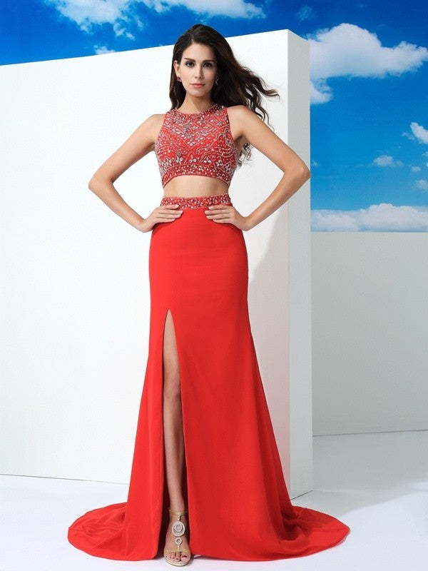 Sheath/Column Scoop Beading Sleeveless Long Chiffon Two Piece Dresses DFP0002940