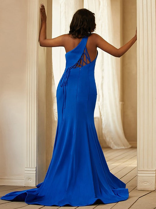 Sheath/Column Jersey Ruffles One-Shoulder Sleeveless Sweep/Brush Train Dresses DFP0001670