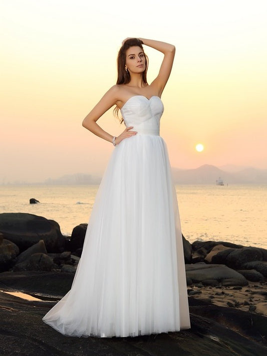 A-Line/Princess Sweetheart Sleeveless Long Net Beach Wedding Dresses DFP0006582