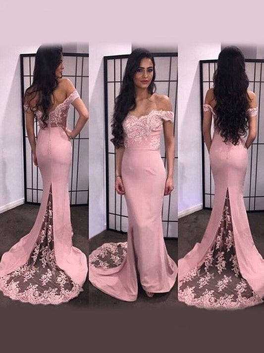 Trumpet/Mermaid Off-the-Shoulder Sleeveless Lace Satin Sweep/Brush Train Dresses DFP0002123