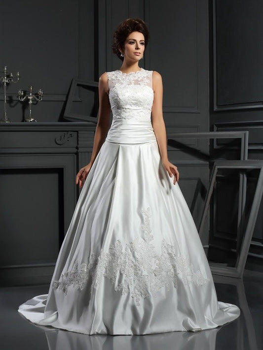 A-Line/Princess High Neck Applique Sleeveless Long Satin Wedding Dresses DFP0006700