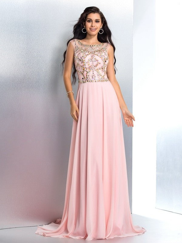 A-Line/Princess Scoop Beading Sleeveless Long Chiffon Dresses DFP0002980