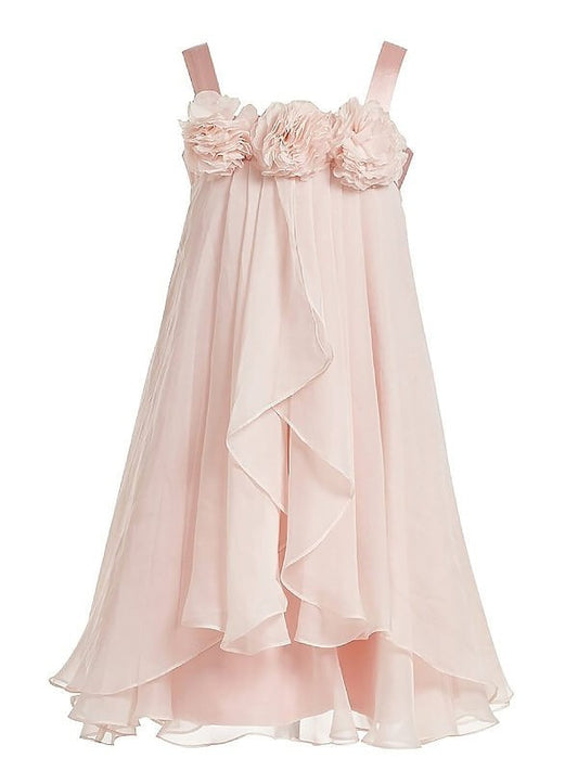 A-Line/Princess Sleeveless Straps Hand-Made Flower Chiffon Tea-Length Flower Girl Dresses DFP0007552