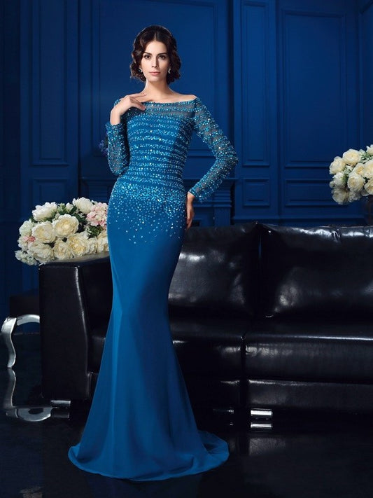 Sheath/Column Off-the-Shoulder Beading Long Sleeves Long Chiffon Mother of the Bride Dresses DFP0007158