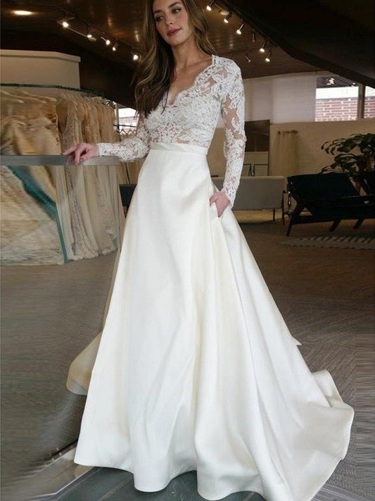 A-Line/Princess Long Sleeves Sweep/Brush Train V-neck Applique Satin Wedding Dresses DFP0005999