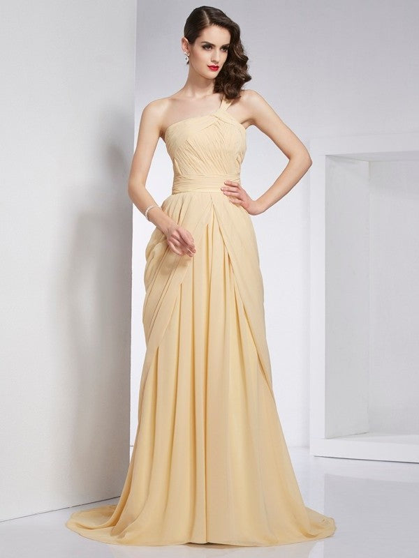 A-Line/Princess One-Shoulder Sleeveless Pleats Long Chiffon Dresses DFP0004118