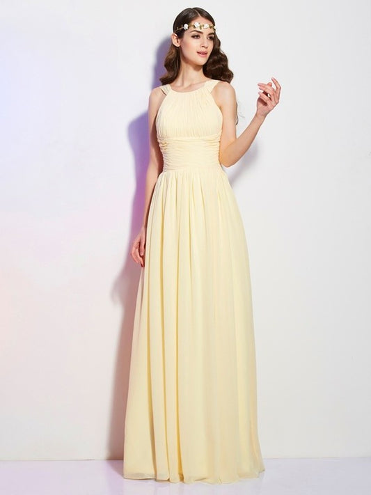 A-Line/Princess Bateau Sleeveless Pleats Long Chiffon Bridesmaid Dresses DFP0005088