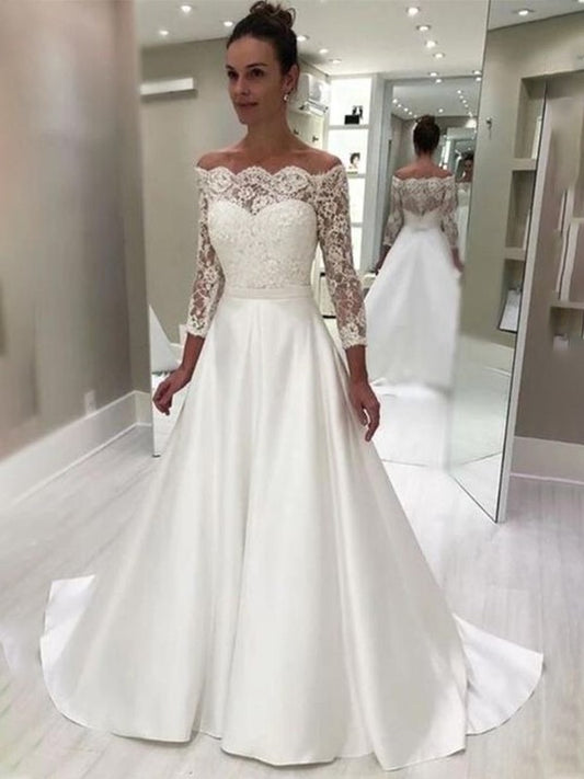 A-Line/Princess Satin 3/4 Sleeves Lace Sweep/Brush Train Off-the-Shoulder Wedding Dresses DFP0006870