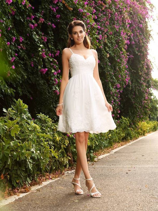 A-Line/Princess Spaghetti Straps Applique Sleeveless Short Lace Wedding Dresses DFP0006248