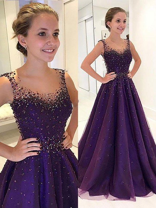 A-Line/Princess Scoop Floor-Length Tulle Sleeveless Beading Dresses DFP0001687