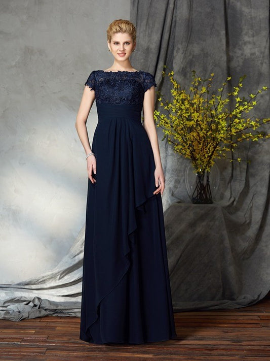 A-Line/Princess Bateau Applique Short Sleeves Long Chiffon Mother of the Bride Dresses DFP0007264