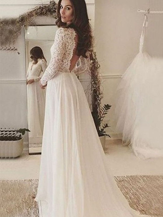 A-Line/Princess Chiffon Lace Scoop Long Sleeves Sweep/Brush Train Wedding Dresses DFP0006575