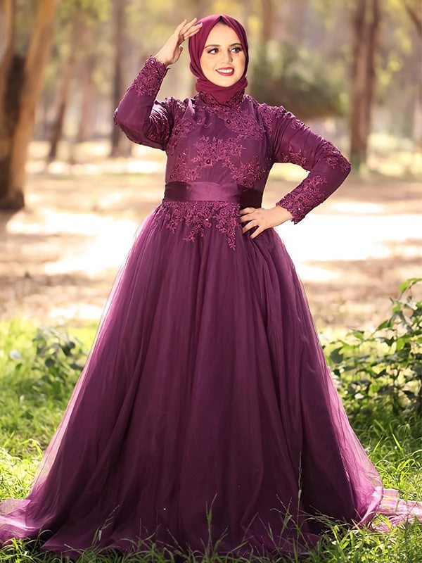 Ball Gown High Neck Tulle Applique Long Sleeves Sweep/Brush Train Muslim Dresses DFP0004669