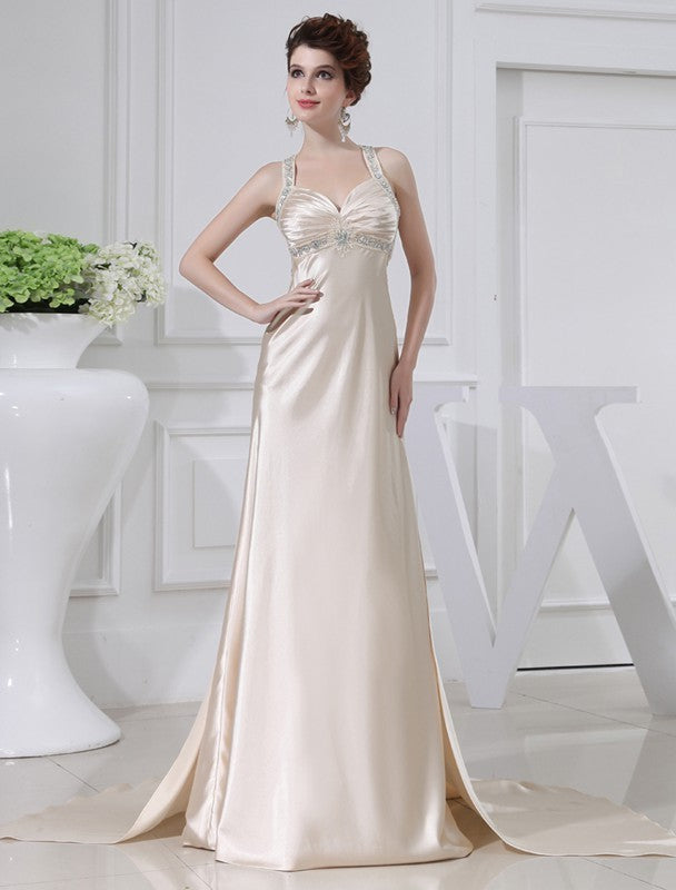 A-Line/Princess Beading Sleeveless Elastic Woven Satin Dresses DFP0004440