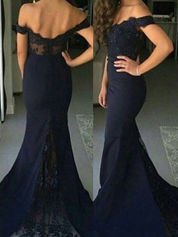 Trumpet/Mermaid Off-the-Shoulder Sleeveless Lace Sweep/Brush Train Satin Dresses DFP0001885