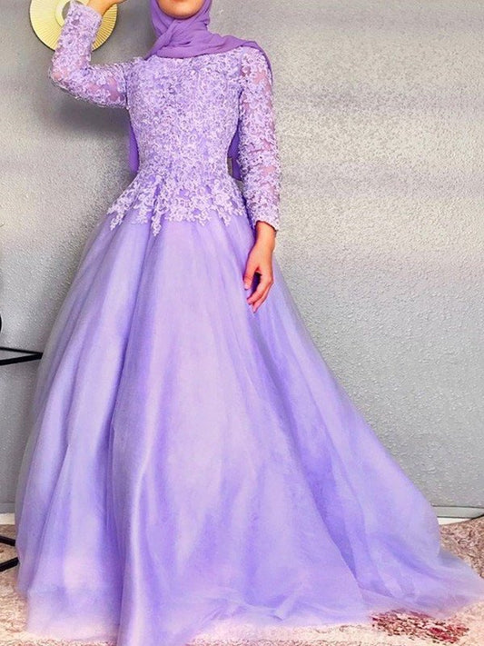 Ball Gown Long Sleeves Lace Tulle Jewel Floor-Length Dresses DFP0004505