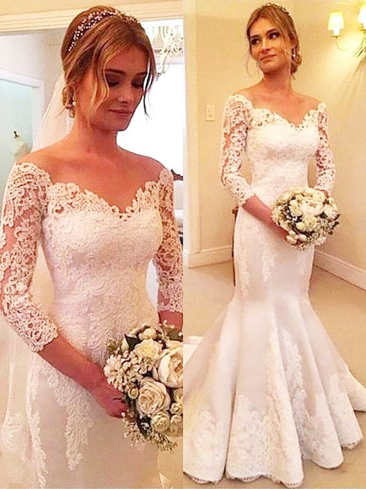 Trumpet/Mermaid 3/4 Sleeves Satin Off-the-Shoulder Lace Court Train Wedding Dresses DFP0006266