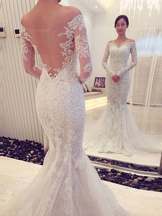 Trumpet/Mermaid Off-the-Shoulder Long Sleeves Lace Chapel Train Wedding Dresses DFP0006082