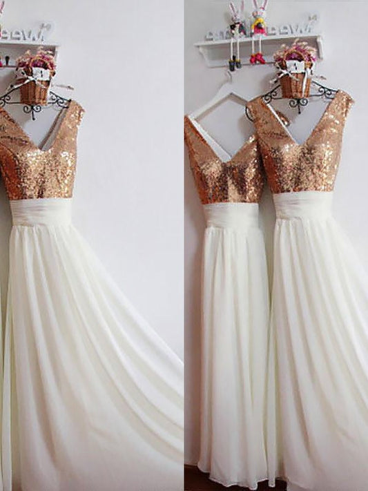 A-Line/Princess Chiffon V-neck Sleeveless Floor-Length Sequin Bridesmaid Dresses DFP0005254