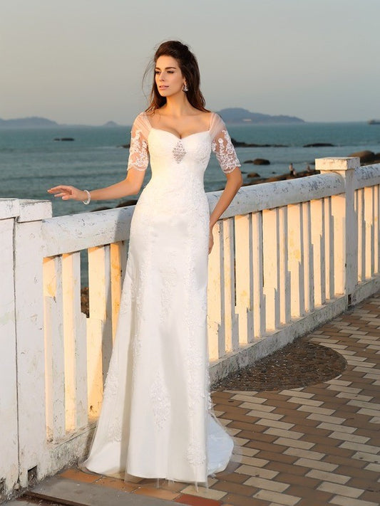 Sheath/Column Sweetheart Applique Short Sleeves Long Satin Beach Wedding Dresses DFP0006235