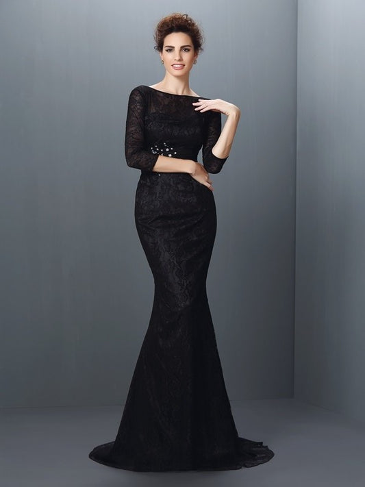 Trumpet/Mermaid Bateau Lace 3/4 Sleeves Long Elastic Woven Satin Mother of the Bride Dresses DFP0007123