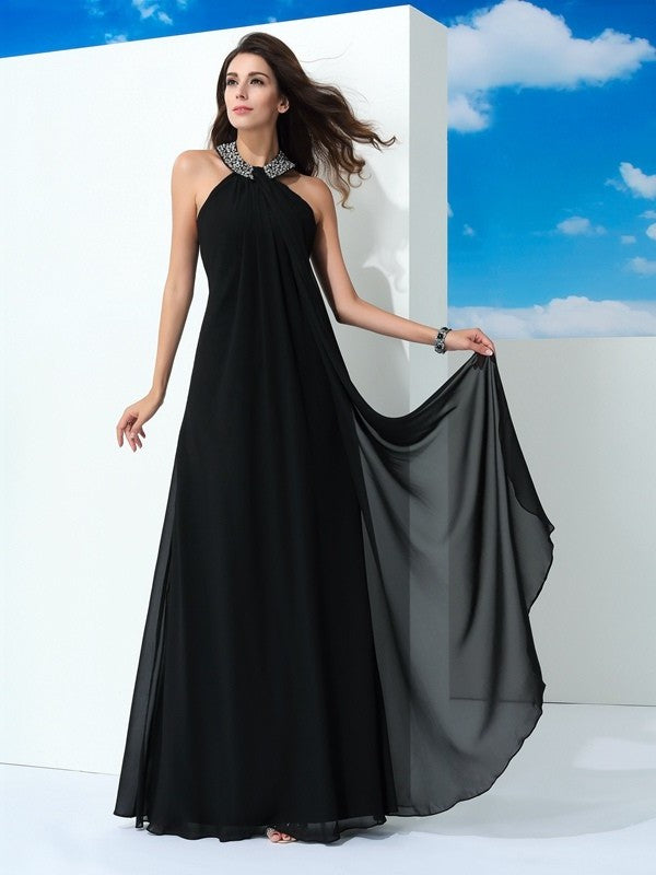 A-Line/Princess Halter Beading Sleeveless Long Chiffon Dresses DFP0002377