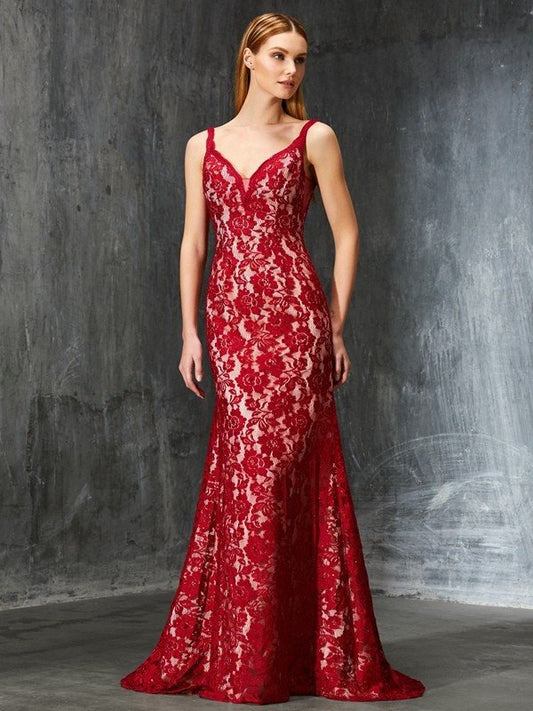 Sheath/Column Spaghetti Straps Sleeveless Sweep/Brush Train Applique Lace Dresses DFP0002889