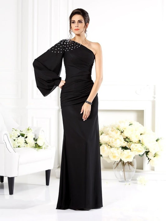 Sheath/Column One-Shoulder Beading Long Sleeves Long Chiffon Mother of the Bride Dresses DFP0007087