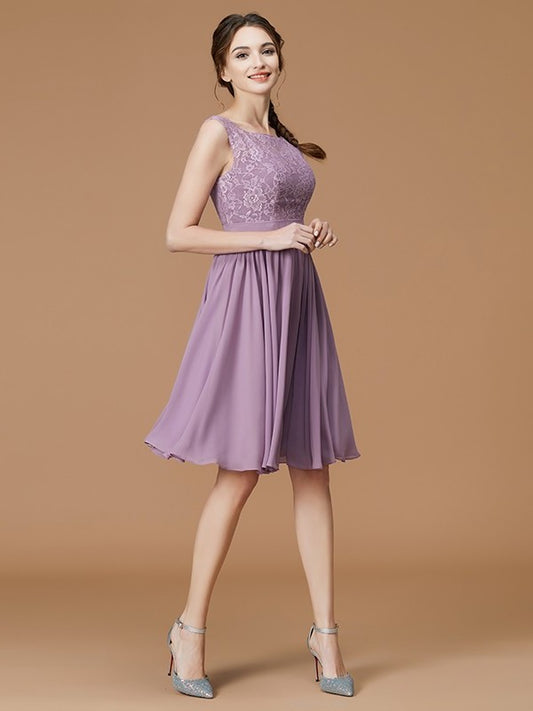 A-Line/Princess Bateau Sleeveless Short/Mini Lace Chiffon Bridesmaid Dresses DFP0005427