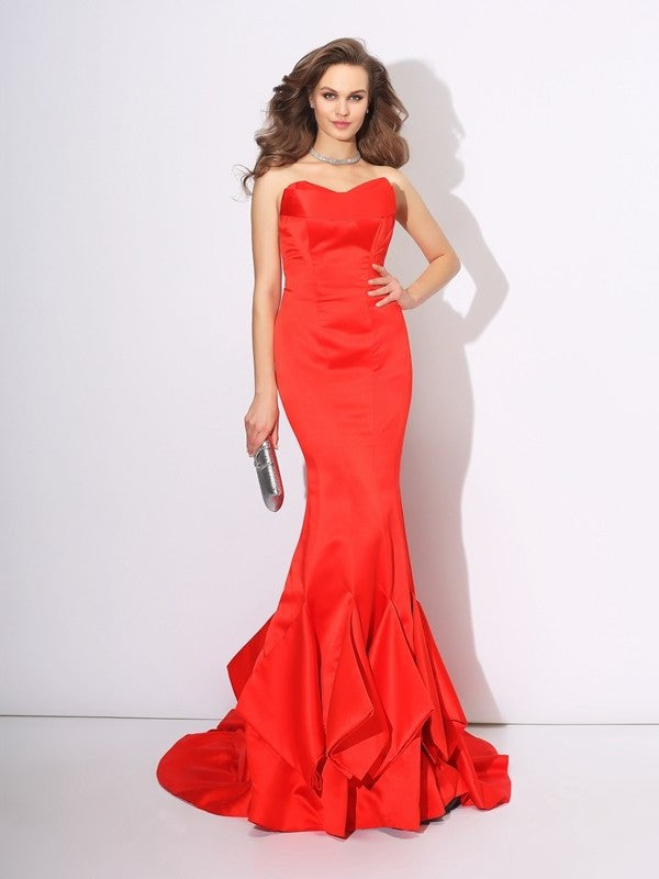 Trumpet/Mermaid Sweetheart Layers Sleeveless Long Satin Dresses DFP0003893