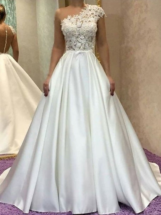 A-Line/Princess Sleeveles Sweep/Brush Train Lace Satin Wedding Dresses DFP0006046