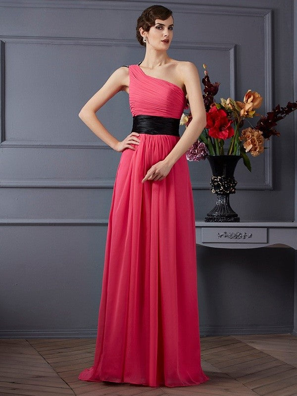 A-Line/Princess One-Shoulder Sleeveless Pleats Long Chiffon Dresses DFP0004527