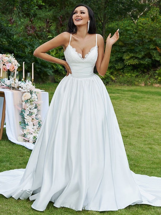 Ball Gown Lace Ruffles V-neck Sleeveless Sweep/Brush Train Wedding Dresses DFP0005959