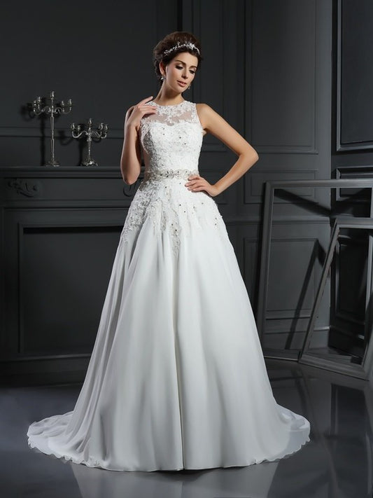A-Line/Princess High Neck Beading Sleeveless Long Satin Wedding Dresses DFP0006597