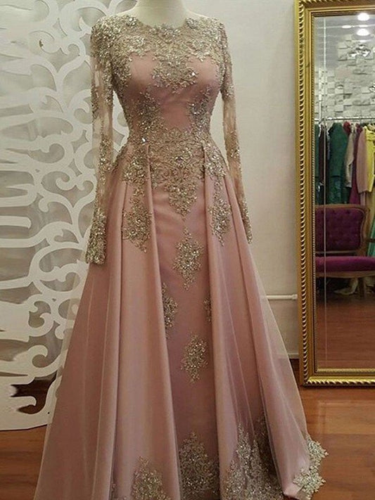 A-Line/Princess Long Sleeves Scoop Floor-Length Applique Tulle Muslim Dresses DFP0001674
