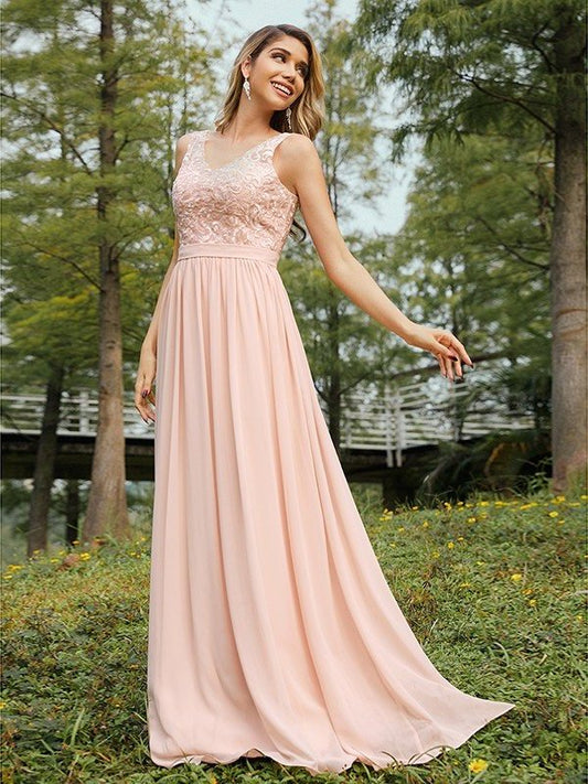 A-Line/Princess Chiffon Lace V-neck Sleeveless Floor-Length Bridesmaid Dresses DFP0004989