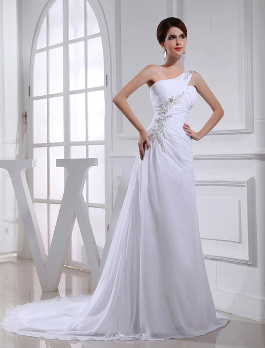 A-Line/Princess Beading One-shoulder Sleeveless Chiffon Applique Wedding Dresses DFP0006695