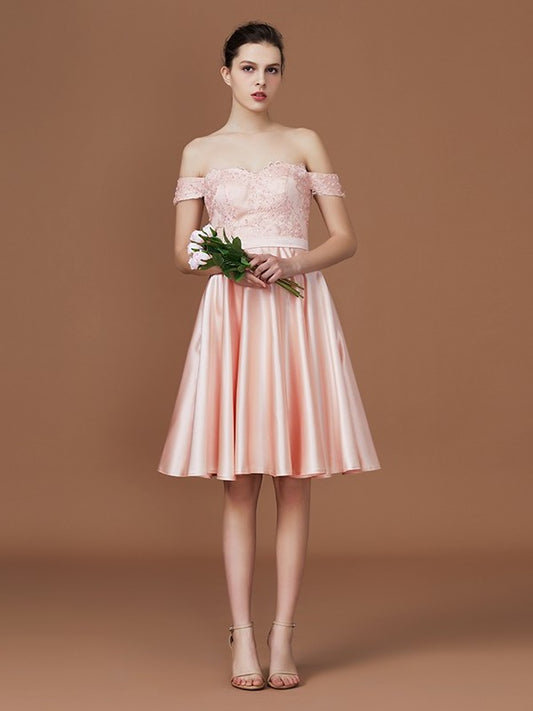A-Line/Princess Applique Sweetheart Knee-Length Off-the-Shoulder Satin Bridesmaid Dresses DFP0005680