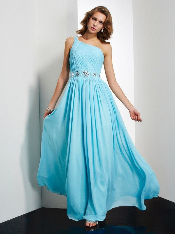 A-Line/Princess One-Shoulder Beading Sleeveless Long Chiffon Dresses DFP0003867