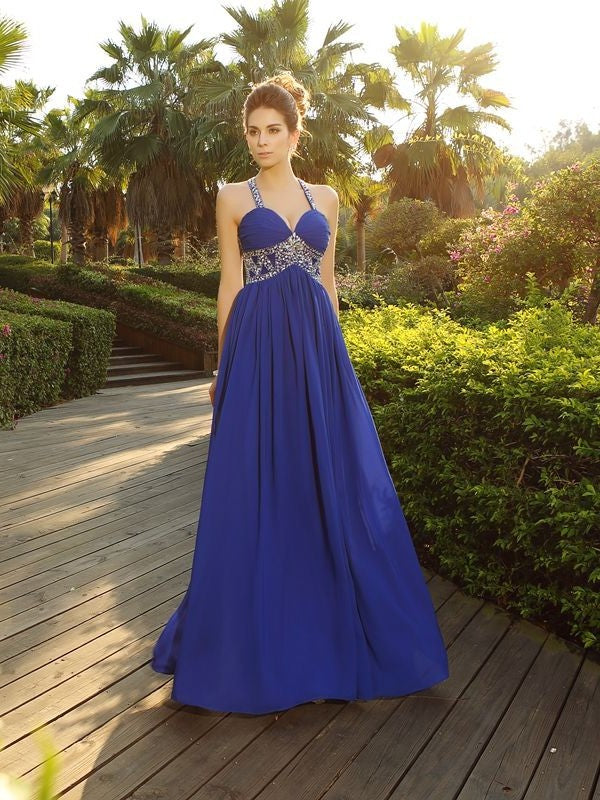 A-Line/Princess Straps Beading Sleeveless Long Chiffon Dresses DFP0002740