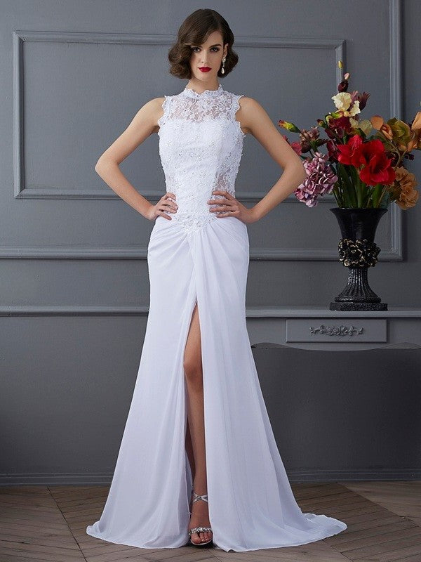 Sheath/Column High Neck Sleeveless Long Chiffon Dresses DFP0002266