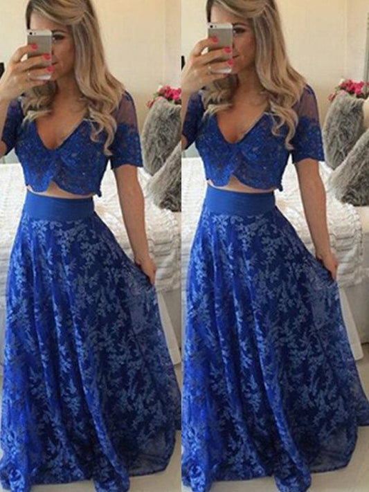 A-Line/Princess V-neck Short Sleeves Floor-Length Lace Two Piece Dresses DFP0002718