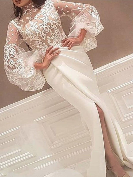 Trumpet/Mermaid Long Sleeves High Neck Sweep/Brush Train Lace Stretch Crepe Dresses DFP0002258